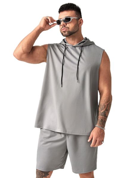 

extended sizes men drawstring sleeveless hoodie & shorts j0su#, Gray