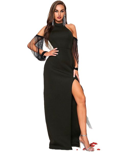 

backless fringe sleeve split thigh prom dress v8un#, Black;gray