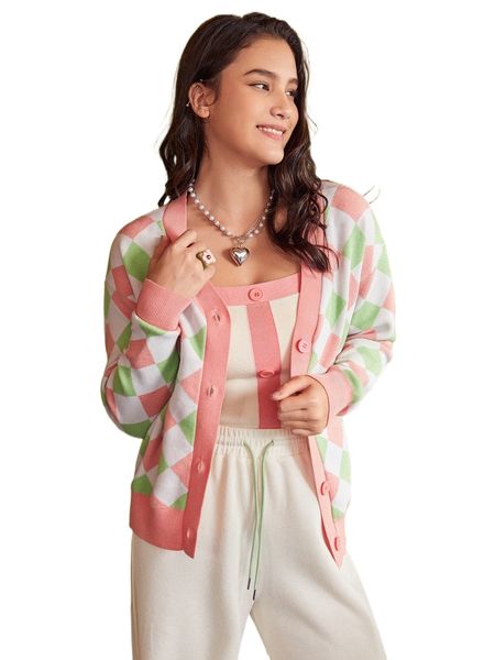 

drop shoulder argyle pattern cardigan k1lr#, White;black