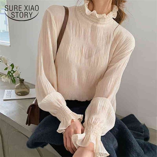 

spring summer women blouse long sleeve loose allmatch chiffon shirts bell sleeve shirt base shirt camisas mujer 9542 210401, White