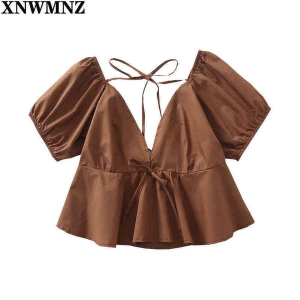 

xnwmnz brown women blouse vintage summer shirt deep v neck female ruffle laceup backless puff sleeve s 210513, White