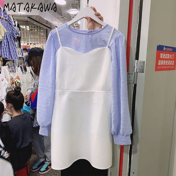 

spring suit female bubble sleeve round neck women blouses high waist aline sweet suspender dress twopiece set 210506, White