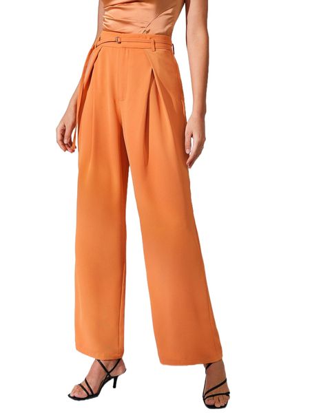

solid belted wide leg pants 43xa#, Black;white