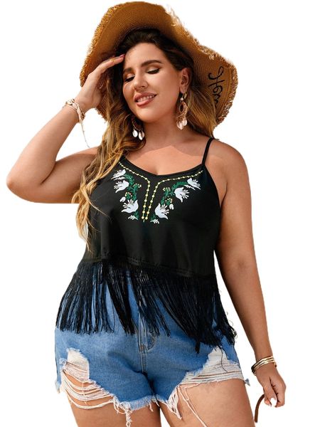 

plus floral print fringe hem cami e32y#, Black