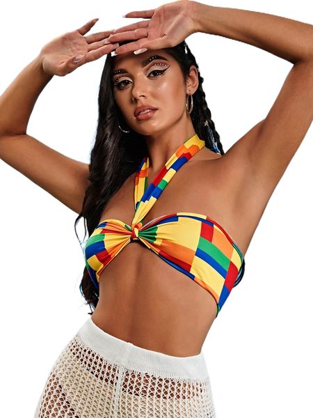 

color block twist backless halter n4ce#, White