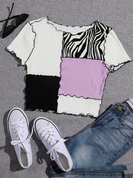 

zebra striped print seam front colorblock tee n7rv#, White