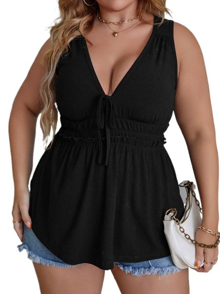 

plus tie front frill trim blouse 23vl#, Black