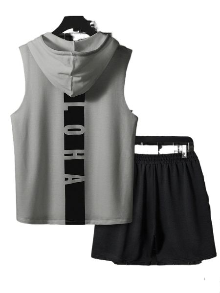 

men letter graphic colorblock drawstring hooded tank & shorts c2e7#, Gray