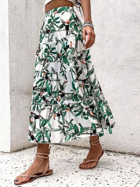 

bird & plants print layered skirt u44v#, Black