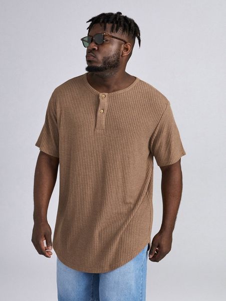 

extended sizes men quarter button waffle knit tee l93m#, White;black