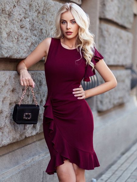 

miusol ruffle trim wrap hem bodycon dress 52og#, Black;gray