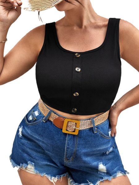 

plus fake button ribbed knit tank d30f#, Black
