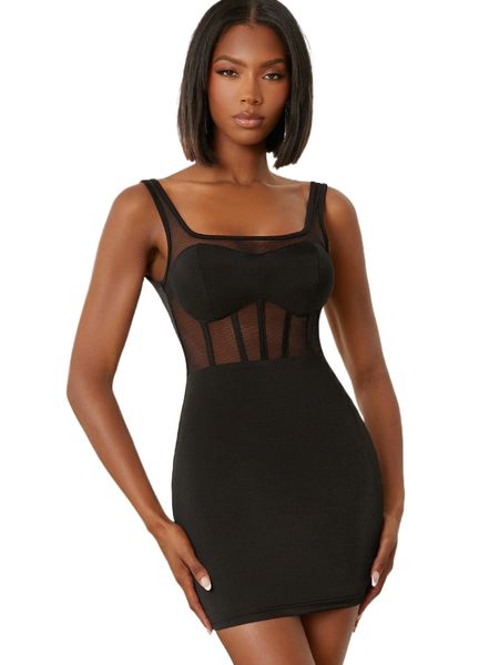 

corset panel mesh see-through detail bustier mini dress n6yo#, Black;gray