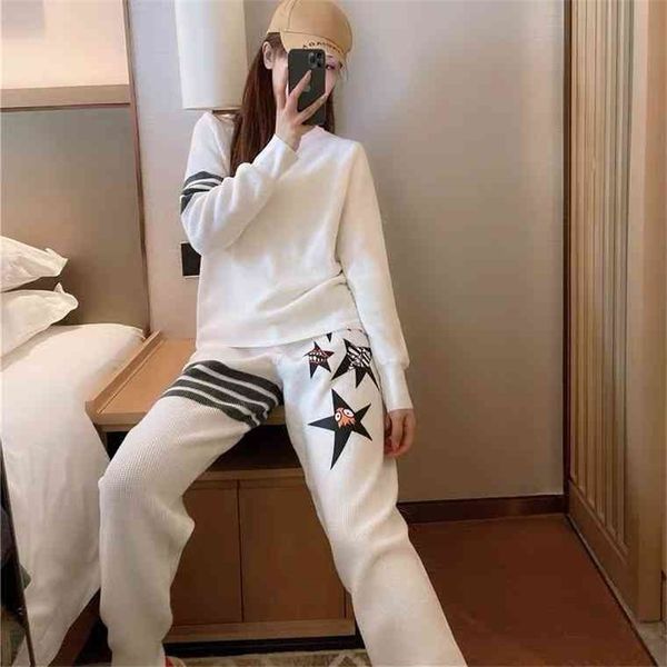 

2022 new special offer autumn and winter printed four bar stripe color matching knitwear trousers leisure suit women, White