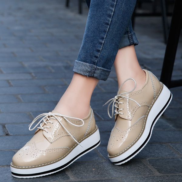 

dropshipping platform oxfords brogue flats shoes woman patent leather lace up pointed toe female shoes for women creeper zstm33, Black