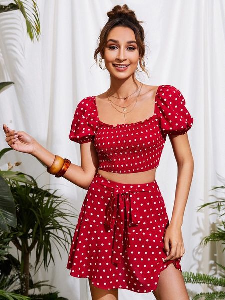 

polka dot print shirred bodice crop & tie front skirt a5ze#, White