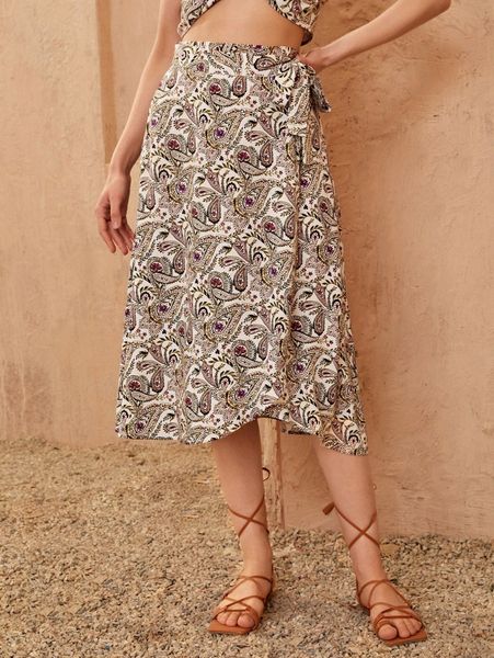 

paisley & floral print tie side wrap skirt u21s#, Black