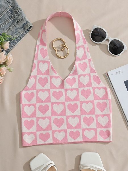 

heart print halter neck knit p3lb#, White;black