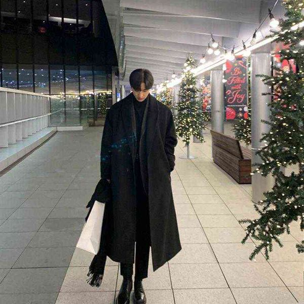

men's wool & blends syuhgfa korean trend loose casual single-breasted overcoat autumn winter 2022 fashion long sleeve woolen coat t2208, Black