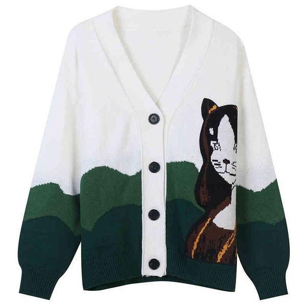 

women's sweaters autumn and winter color contrast dog animal embroidery sweet lazy wind slim fit v-neck knitted cardigan coat women ieu, White;black