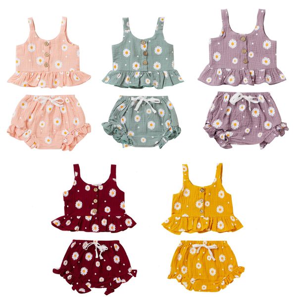 

1-5years kid girls summer clothing set daisy flower button sleeveless tank tok mini shorts outfits, White