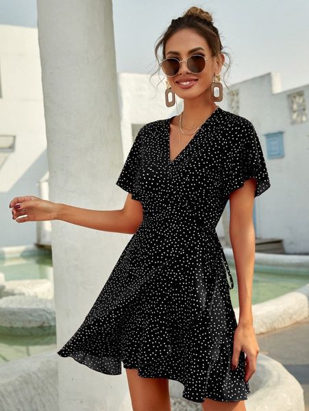 

polka dot knot side wrap a-line dress n9d4#, Black;gray