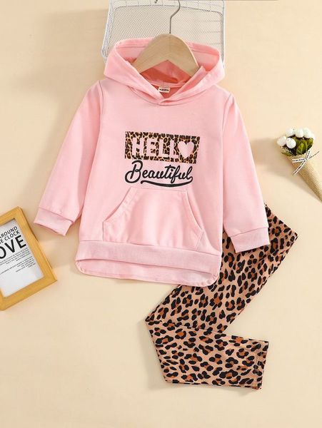 

little girl's letter kangaroo pocket hoodie and leopard pants she, White