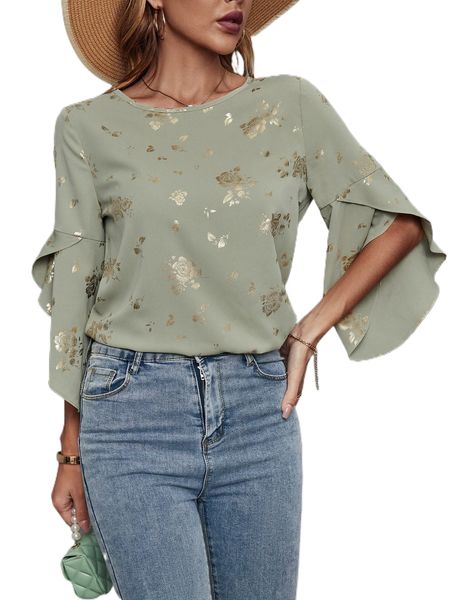 

floral print petal sleeve blouse 14bo#, White