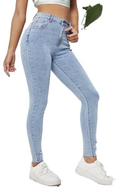 

ripped raw hem skinny jeans v2bi#, Blue