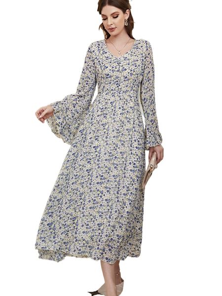 

ditsy floral flounce sleeve a-line dress x2n7#, Black;gray