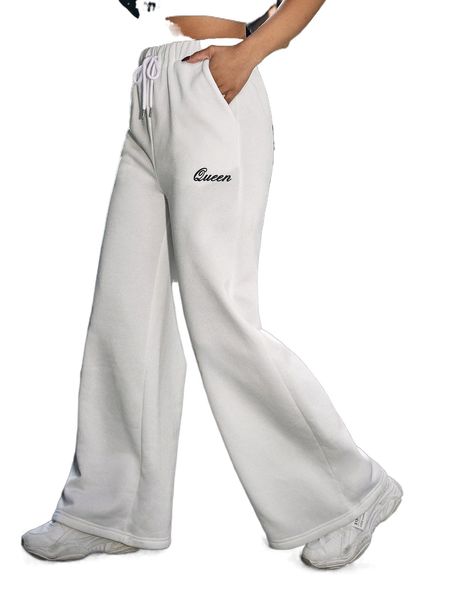 

tie waist letter graphic wide leg pants d5n0#, Black;white