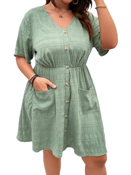 

plus patched pocket button front dress 08c3#, Black
