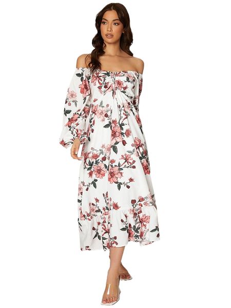 

floral print off shoulder lantern sleeve a-line dress s54u#, Black;gray