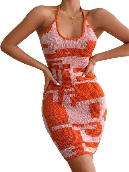 

backless geo pattern halter sweater dress o7xa#, White;black