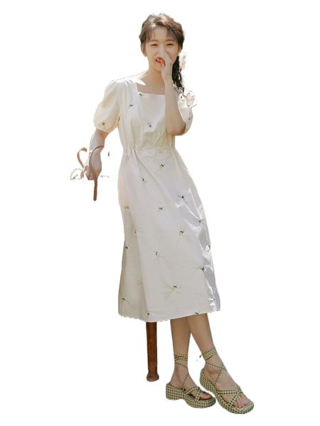 

dazy floral embroidery square neck puff sleeve drawstring waist dress p0bt#, Black;gray