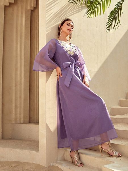 

bell sleeve embroidery appliques yoke self belted dress e5ym#, Black;gray