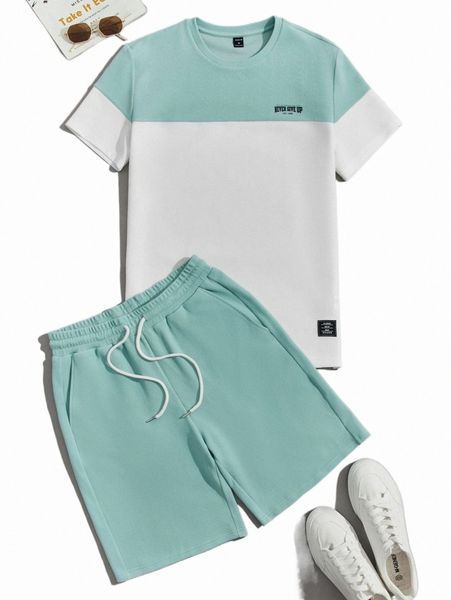 

men colorblock slogan graphic patched tee & drawstring waist pants r5hj#, Gray
