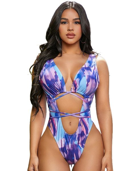 

tie dye crisscross tie back cut out one piece swimsuit l9ud#, White;black