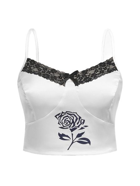

plus floral print contrast lace cami k3ls#, Black