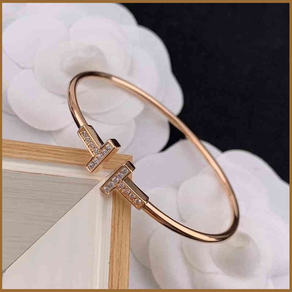 

t home double t bracelet fashion personality t-shaped diamond inlaid plain ring bracelet brass gold plating simple opening adjustable, Black