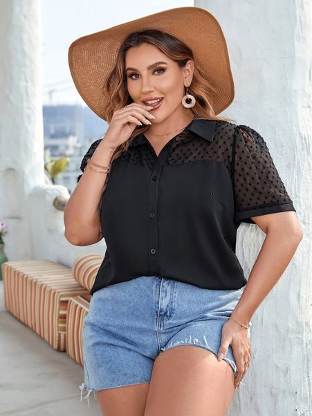

plus contrast swiss dot puff sleeve blouse o56h#, Black