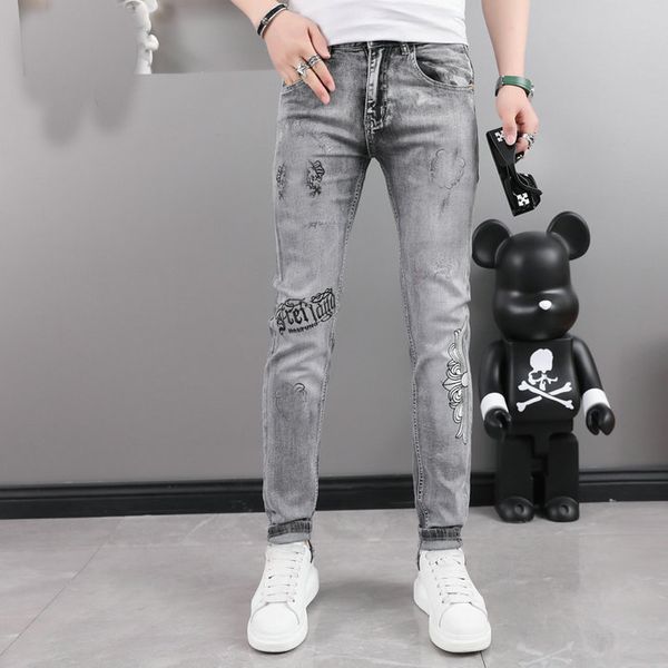 

mens cool rips stretch designer jeans distressed ripped biker slim fit washed motorcycle denim men s hip hop fashion man pants, Blue