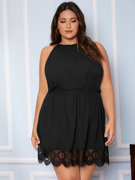 

plus contrast eyelash lace tie back halter neck dress 83fc#, Black