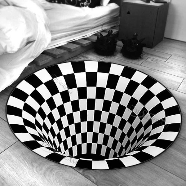 Teppiche Vortex Illusion Schwarz Weiß Teppich Nordic Moderne Loch Runde Teppiche Geometrische Rutschfeste Raumdekor Wohnzimmer Boden Teppich Teppiche