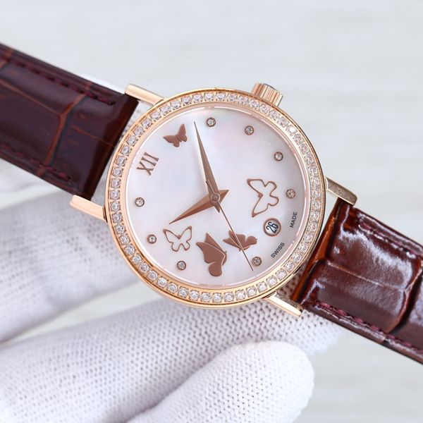 

fashion mechanical women's watch 35mm 8215 movement sapphire glass mirror leather strap sports waterproof butterfly literal shell botto, Slivery;golden