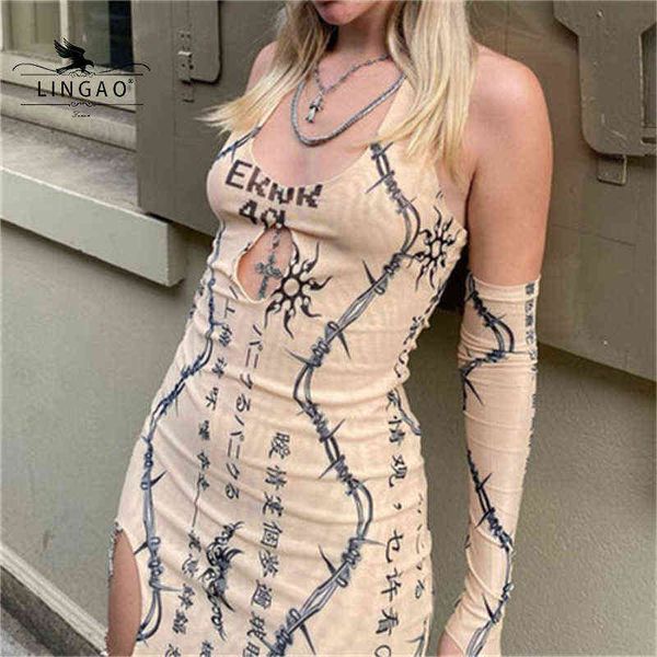

fairy grunge dark gothic y2k print halter dresses punk women skinny mini dress with sleeve backless outfit ropa mujer y220401, Black;gray