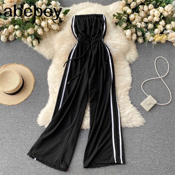 

women korean strapless rompers sleeveless off shoulder solid jumpsuits summer casual streetwear wide leg long rompers 210715, Black;white