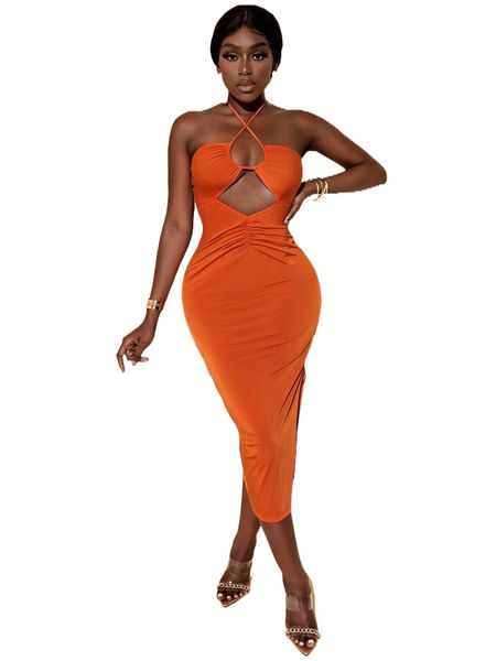 

sxy cut out ruched tie backless split thigh halter dress k7cu#, Black;gray