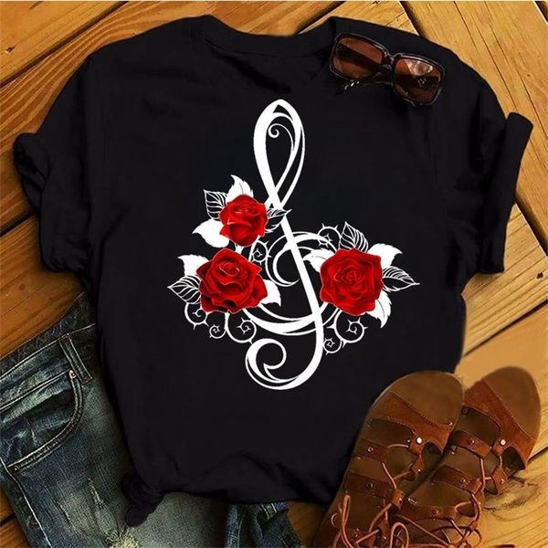 

fashion women black t shirt red rose musical note printed t shirt harajuku cute graphic tee shirt female ladies casual 220527, White