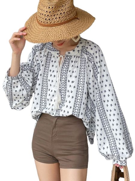 

dazy floral print lantern sleeve blouse n6gn#, White